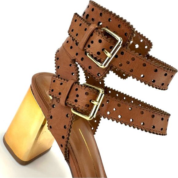 Dolce Vita Straps Sandal Sz 9.5 Brown Leather Gold Block High Heel Laser-Cut New - Picture 11 of 15